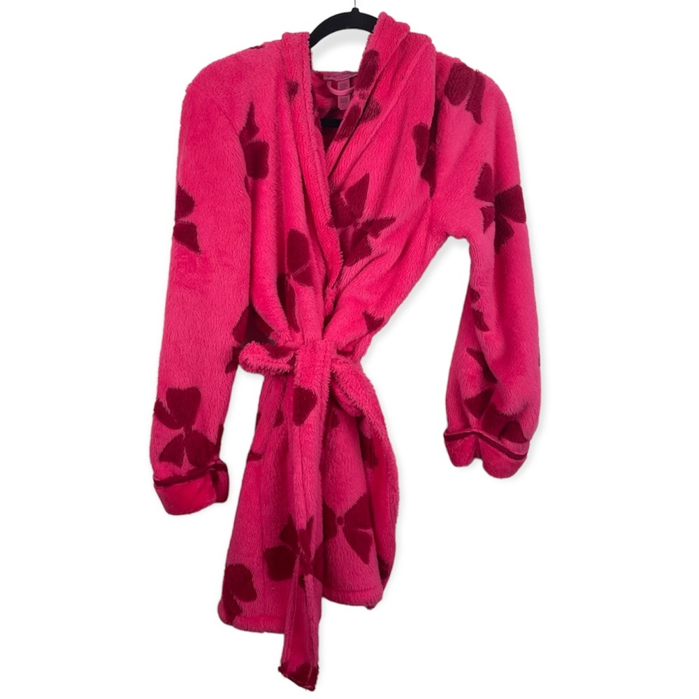 Betsey Johnson Pink Bow Robe Hoodies Fuzzy Soft Warm Tie Front Pockets Women's L